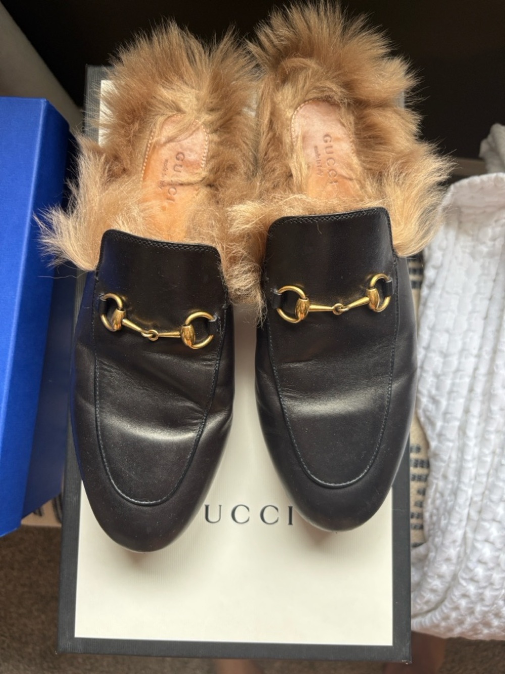 Gucci Black Leather Fur-Lined Horsebit Mules